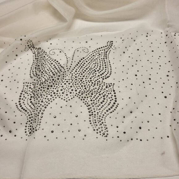 White Butterfly Motif Metal Studded Scarf Long Wide Thin Rectangular Scarf- NEW - Picture 5 of 5